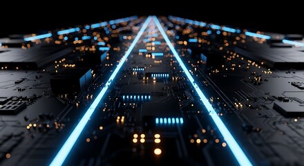 Abstract futuristic digital circuit board with glowing blue light trails representing data flow and high speed technology in a dark environment