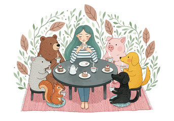 Obraz premium A whimsical illustration of a young girl having a tea party outdoors surrounded by various friendly animal companions like a bear, pig, and dog