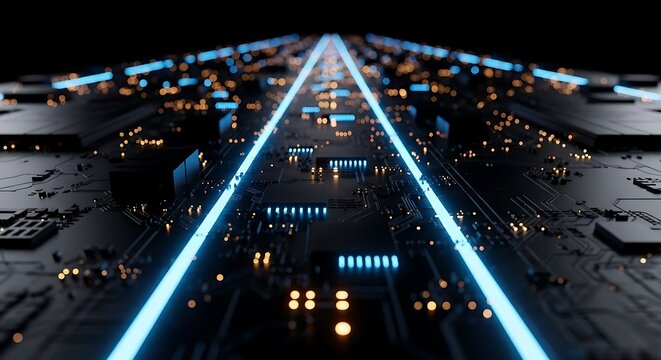 Abstract futuristic digital circuit board with glowing blue light trails representing data flow and high speed technology in a dark environment