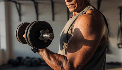 Close-up of a muscular senior man's arm performing a bicep curl with a heavy dumbbell. Active older adult focused on strength training and bodybuilding in the gym