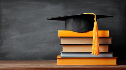 A graduation cap and books on a wooden table against a blackboard background.