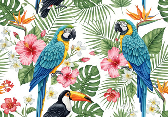 Obraz premium Watercolor seamless pattern with two blue and yellow macaws, toucan, hibiscus flower, and tropical leaf