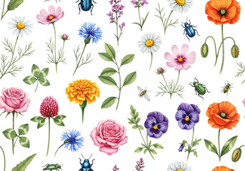 Watercolor seamless pattern with various colorful summer wildflower and insect illustrations