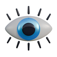 A high-quality 3D render of an eye with a bright blue iris