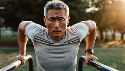 Focused mature Asian man doing intense dip exercises on parallel bars in a park, showcasing senior fitness and a healthy active lifestyle