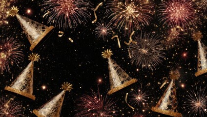 Festive scene featuring celebratory party hats, fireworks, and confetti against a black backdrop