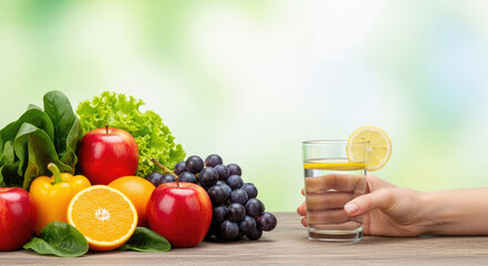 A hand holding a glass of water with lemon slice on a wooden table with fresh fruits like apples, oranges, and grapes.