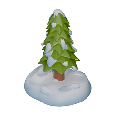 A 3D illustration of a snow-covered pine tree standing on a small island-like mound of snow.