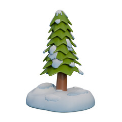A 3D illustration of a snow-covered pine tree standing on a small island-like mound of snow.