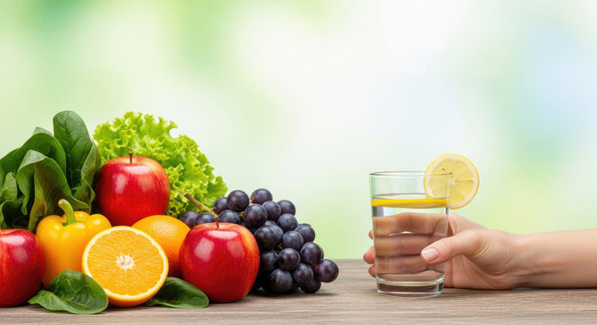 A hand holding a glass of water with lemon slice on a wooden table with fresh fruits like apples, oranges, and grapes.