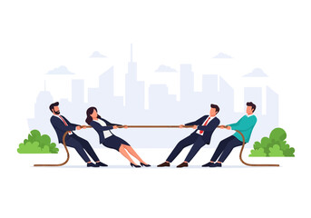 Naklejka premium Business team competition in tug of war game against each other with city skyline background illustration
