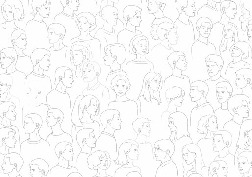 Seamless pattern of many diverse people faces and busts drawn in simple black and white line art style