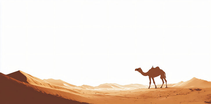 Lone camel traverses vast desert dunes under bright sky