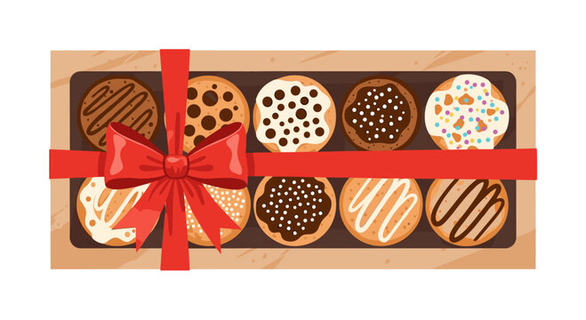 A delightful box of assorted cookies tied with a festive red ribbon, perfect for gifting or enjoying a sweet treat any time of day with various toppings.