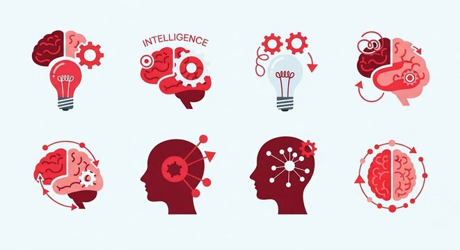 A collection of eight red and white icons representing intelligence, brain activity, creative thinking, and mental processes.