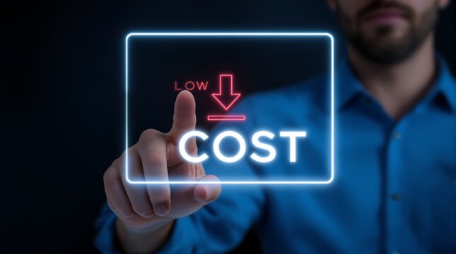 Person touching a neon sign with the words low cost and a downward arrow on a dark background near face
