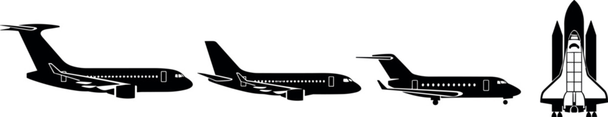 Set of passenger airplanes and space shuttle vector silhouettes, representing air travel, aerospace industry, commercial flight, and outer space exploration