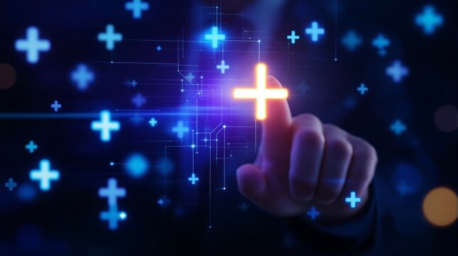 A hand touching a glowing plus sign surrounded by blue plus signs and digital network connections