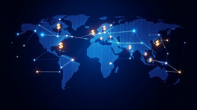 World map made of blue dots with dollar signs and connecting lines on a dark blue background design shot - Powered by Adobe