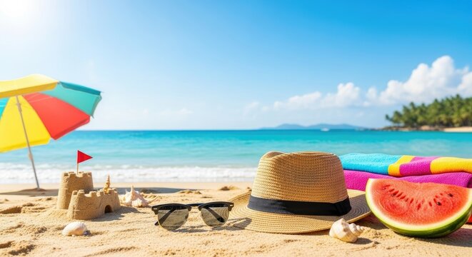 A colorful beach scene with a hat, sunglasses, and watermelon on the sand.