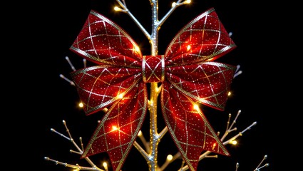 Red bow with gold accents on illuminated tree branch