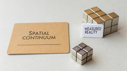 Creative concept of spatial continuum and measured reality with geometric blocks arranged artistically on a minimalist surface