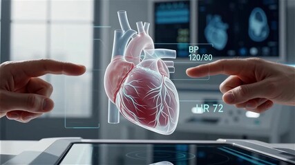 A digital representation of a heart hovering above a tablet in a medical environment. - Powered by Adobe