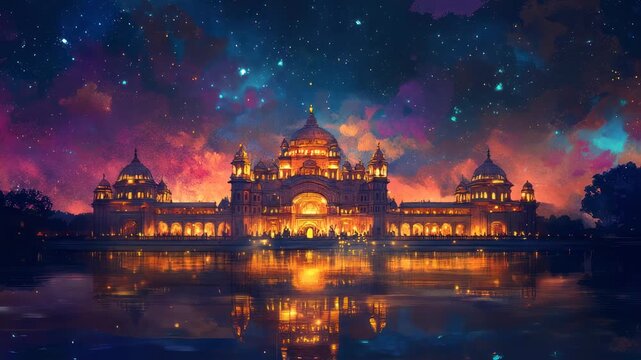 Spectacular palace reflecting under a vibrant cosmic sky creating a serene and captivating scene