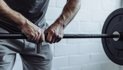 Focused on the grip, a strong man prepares for a powerful deadlift, his muscular hands tightly holding the heavy barbell in a raw gym setting