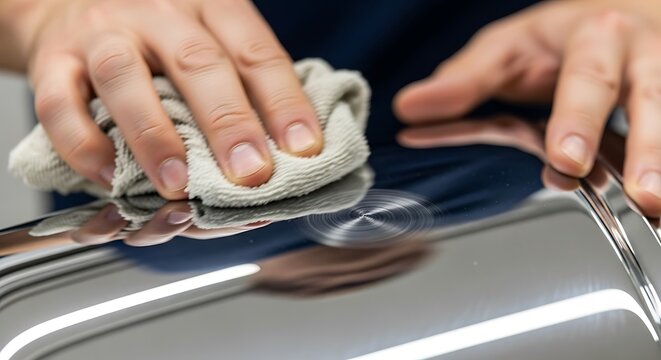 Hands carefully polishing shiny metallic surface with soft cloth, detail shot