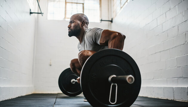 Embodying strength and determination, a focused athlete intensely performs a heavy barbell deadlift in a stark, minimalist gym