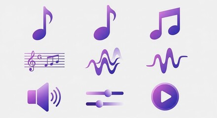 A set of nine purple gradient icons representing various music and audio concepts, including notes, waveforms, volume, and playback controls.