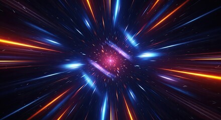 A vibrant, colorful, abstract digital artwork featuring a starburst pattern with blue, orange, and purple hues, set against a dark background.