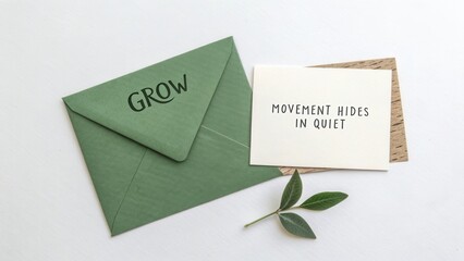 Green Envelope with Inspirational Note and Leaf on Simple Background for Personal Growth and Motivation Themes