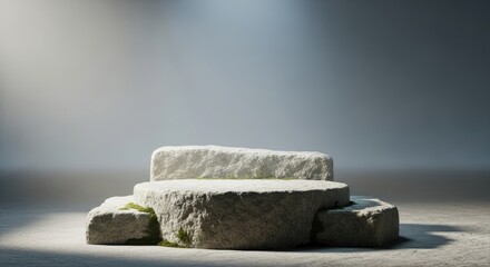 A stone podium with three large, unevenly shaped stones on a concrete floor.