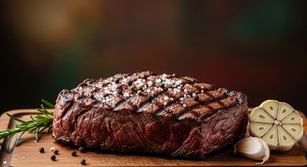 A grilled steak with salt and pepper on a wooden cutting board with garlic and rosemary.