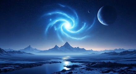 A breathtaking view of a glowing blue spiral galaxy and crescent moon over snowy mountains and a reflective river under a starry night sky