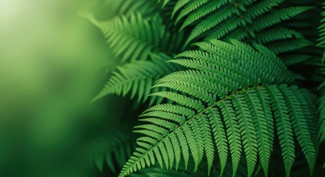 Green fern leaves against a blurred green background. - Powered by Adobe