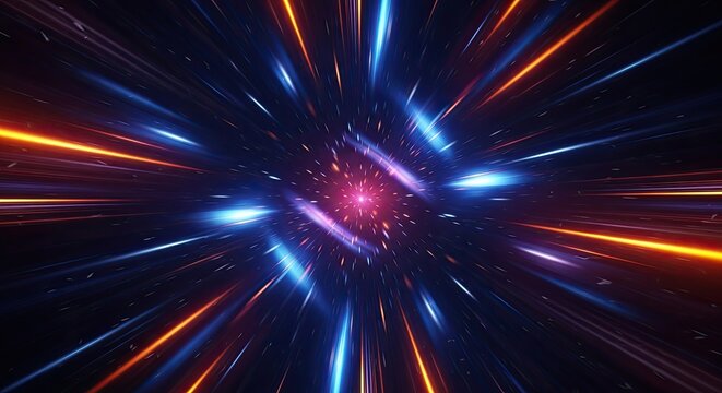 A vibrant, colorful, abstract digital artwork featuring a starburst pattern with blue, orange, and purple hues, set against a dark background.