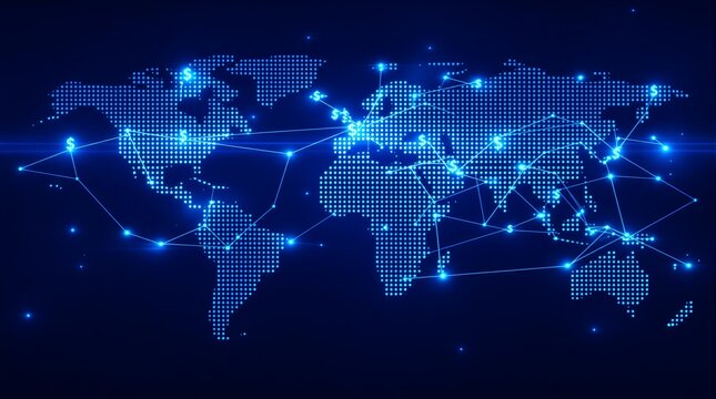 A digital world map with glowing blue dots connected by lines against a dark blue background display