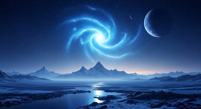 A breathtaking view of a glowing blue spiral galaxy and crescent moon over snowy mountains and a reflective river under a starry night sky