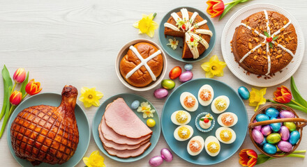 A festive Easter table with ham, deviled eggs, and other traditional dishes.