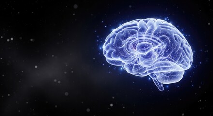 A glowing, transparent brain with a starry, dark background.