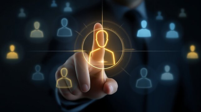 A hand pointing at a glowing person icon surrounded by other person icons on a dark blue background - Powered by Adobe
