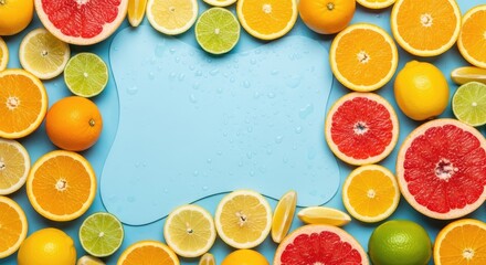 A vibrant array of citrus fruits, including oranges, lemons, limes, and grapefruits, arranged in a circular pattern on a blue background with water droplets.