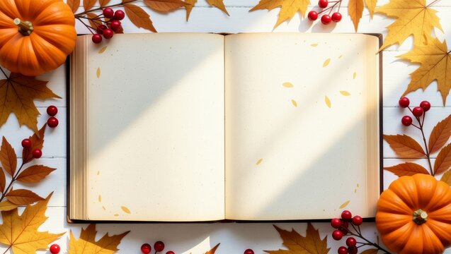 Autumn book with pumpkins and leaves on wooden surface