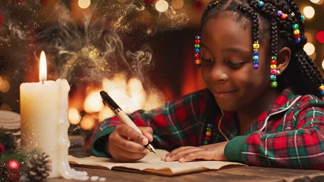 A sweet African American girl in festive plaid pajamas writing her heartfelt Christmas wish list to Santa by the warm glow of a candle and fireplace