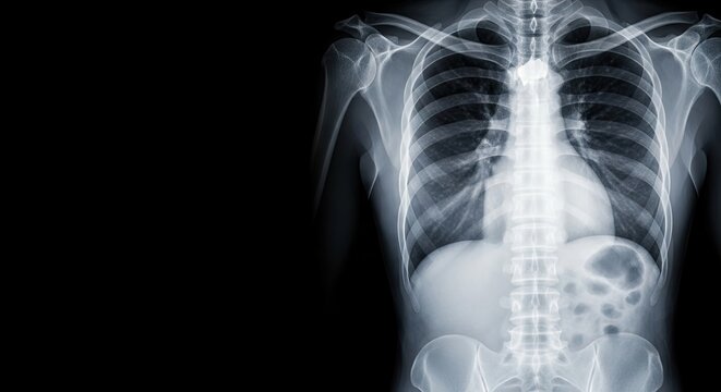 X-ray of a human torso with visible bones and organs.