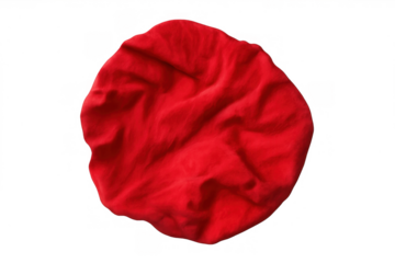 Red fabric sheet with crumpled texture and soft folds on transparent background, top view laying flat