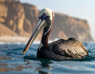 A majestic brown pelican floats gracefully on the ocean, with rocky cliffs visible in the soft, morning light behind